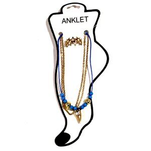 Boho Crystal Anklet with Matching Toe Ring – Blue Beaded & Gold - Jewelry set